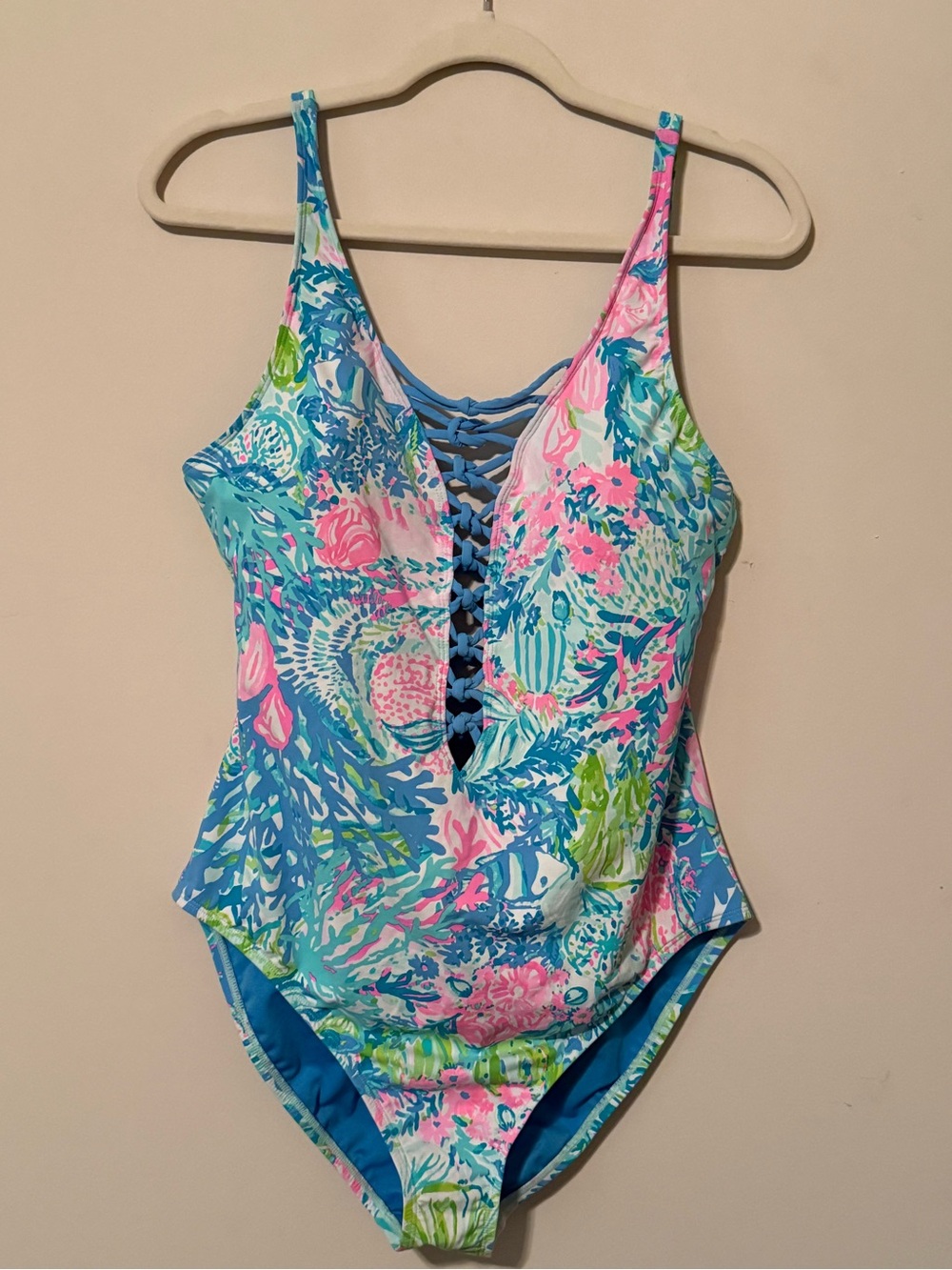 Lilly Pulitzer Isle Lattice One Piece Swimsuit Size 14 Blue Pink Sea Life Print